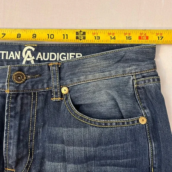 Christian Audigier Mens 33x29 Distressed Blue Designer Jeans‎ Y2K Streetwear - Picture 8 of 11